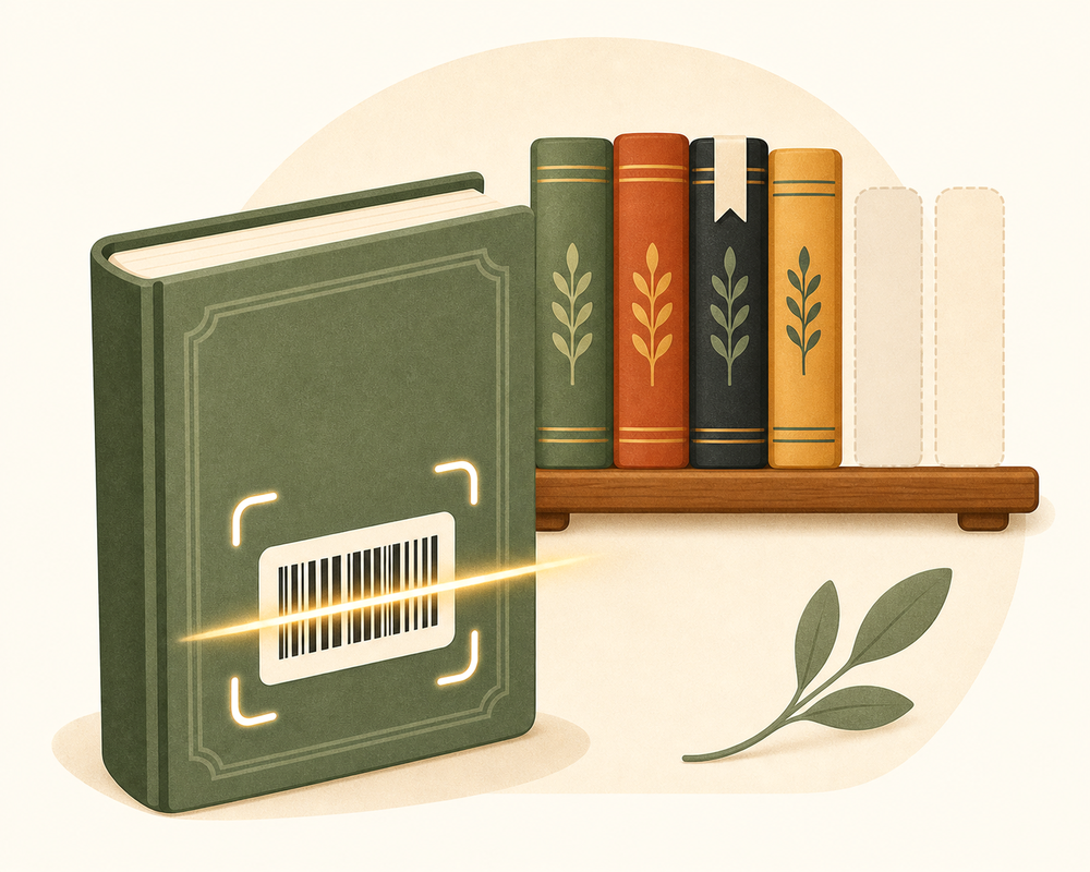 Illustration of a book being scanned by its barcode in front of a shelf